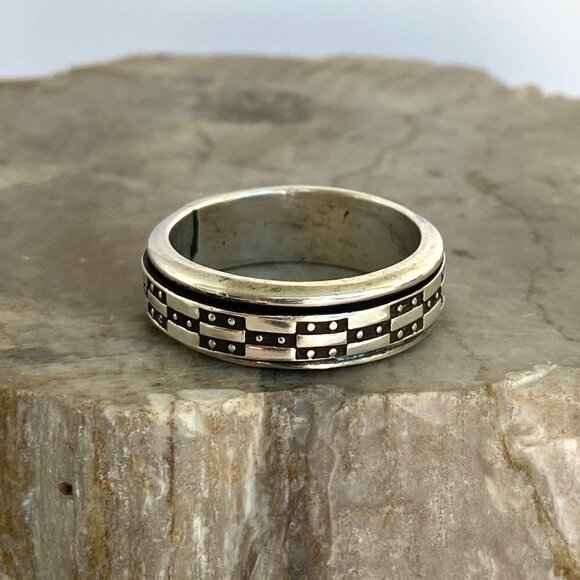 Solid Sterling Silver 925 Wide Geometric Pattern Unisex Spinner Band Ring Sz 12 - Picture 15 of 16